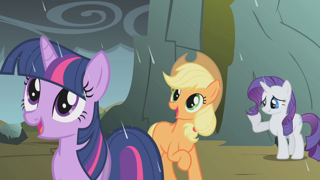 File:Twilight, AJ, and Rarity rained on by dragon tears S1E07.png