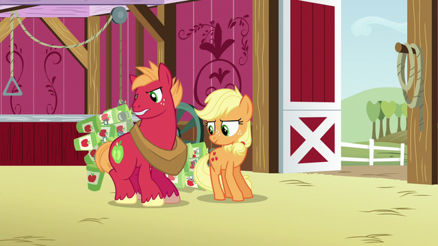 File:Applejack and Big Mac drop cans on the barn floor S6E23.png