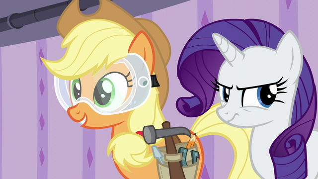 File:Applejack happy; Rarity frustrated S6E10.png