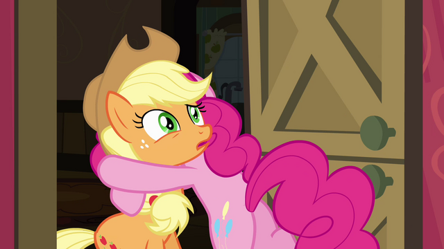 File:Pinkie Pie hugging Applejack S4E09.png