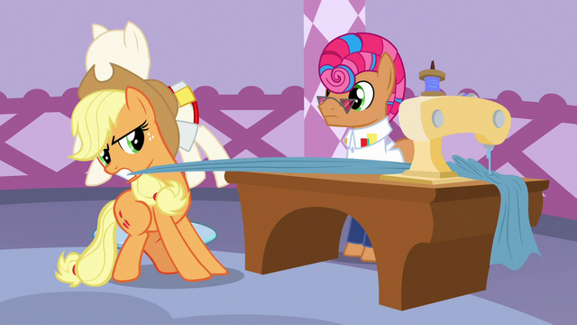 File:Applejack pulling on Starstreak's sewing fabric S7E9.png