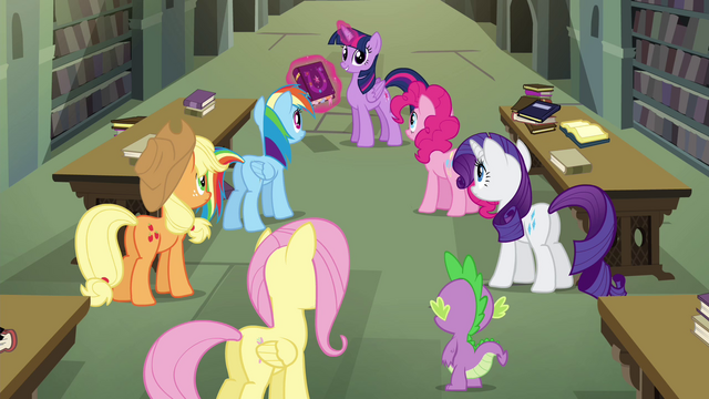 File:Mane 6 and Spike "there must be a connection!" S4E25.png