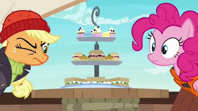 File:Applejack and Pinkie look at Rarity's platter S6E22.png