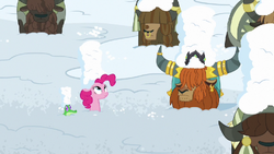 Pinkie, Rutherford, and yaks covered in snow S7E11