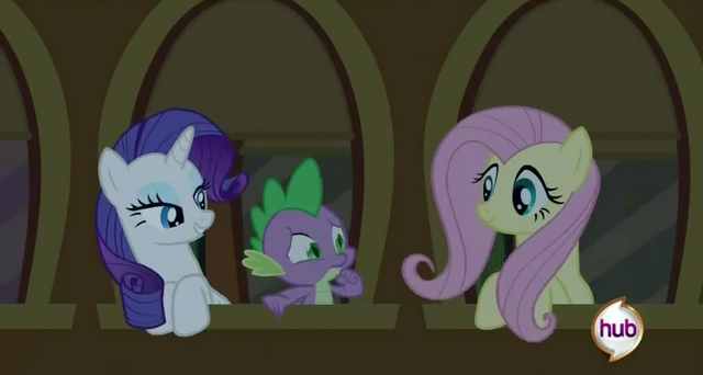 File:Fluttershy, Spike and Rarity chatting at the window S2E25.png
