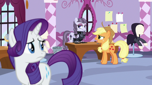 File:Rarity overhears Applejack criticizing Inky Rose S7E9.png