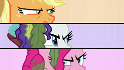 Splitscreen of AJ, Rarity, and Pinkie looking at each other S6E22