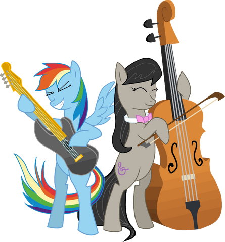 File:Rainbow Dash playing a guitar and Octavia playing the cello.png