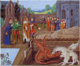 Vortigern watches the red and white dragons fight.