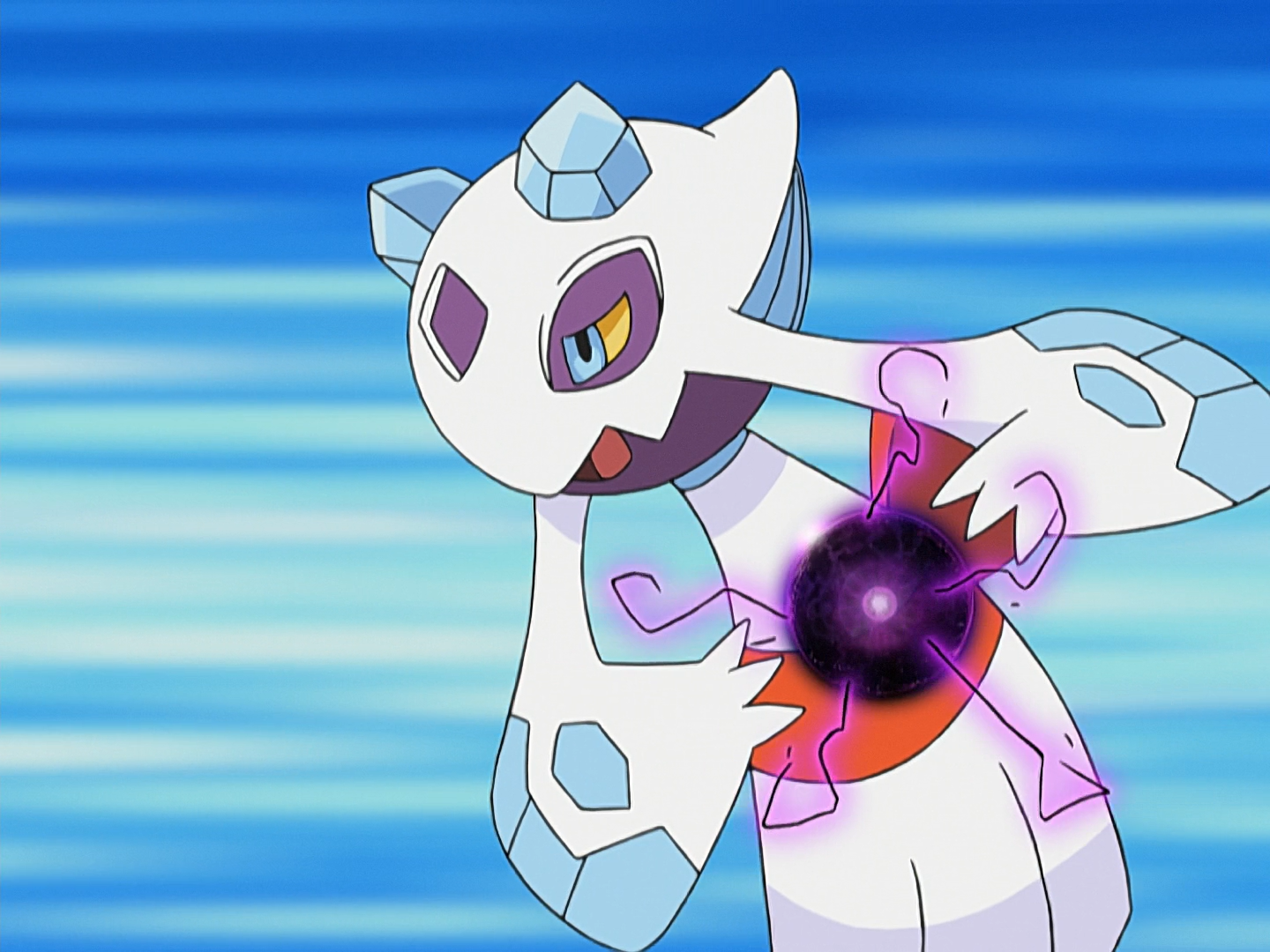 A quasi-humanoid pokemon with wing-like arms and icy horns collects shadowy energy for an attack. She is white, blue, and purple, befitting a ghost with ice powers.