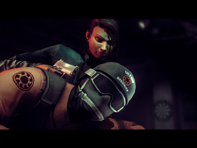 File:The Case of Mr. X - Asha threatening a Masako with a Quickshot Pistol.png