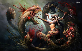 24536-woman-warrior-battling-the-three-headed-monster-1680x1050-fantasy-wallpaper