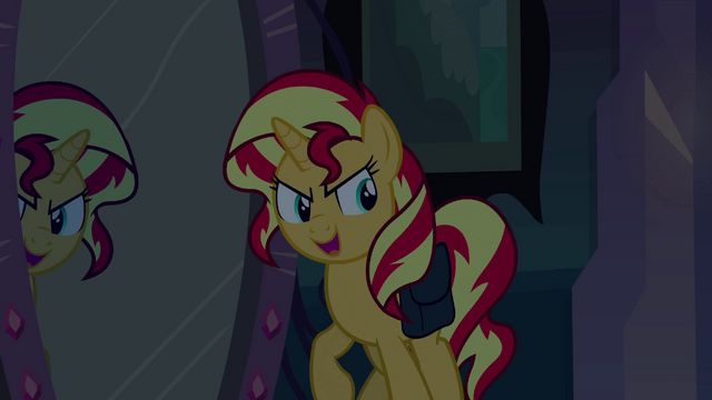 File:Sunset Shimmer about to step through the mirror EG.png