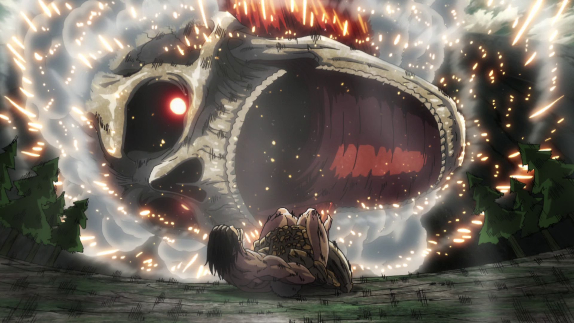 Image - The Colossal Titan plunges into Eren and Reiner.jpg | Attack on