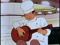 Screen-chef plays guitar