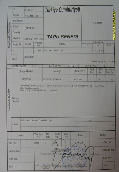 Tap senedi Mersin Fatih