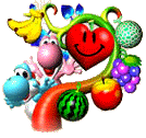 Pink and light blue Yoshi with lots of fruit